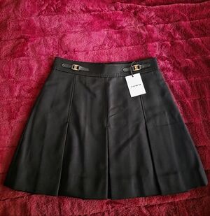 Heritage C Coach Black Pleated Mini Skirt with Gold Buckle Accents